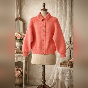 Vintage 1980s Handmade Chunky Knit Cardigan | Balloon Sleeves | Coral Pink